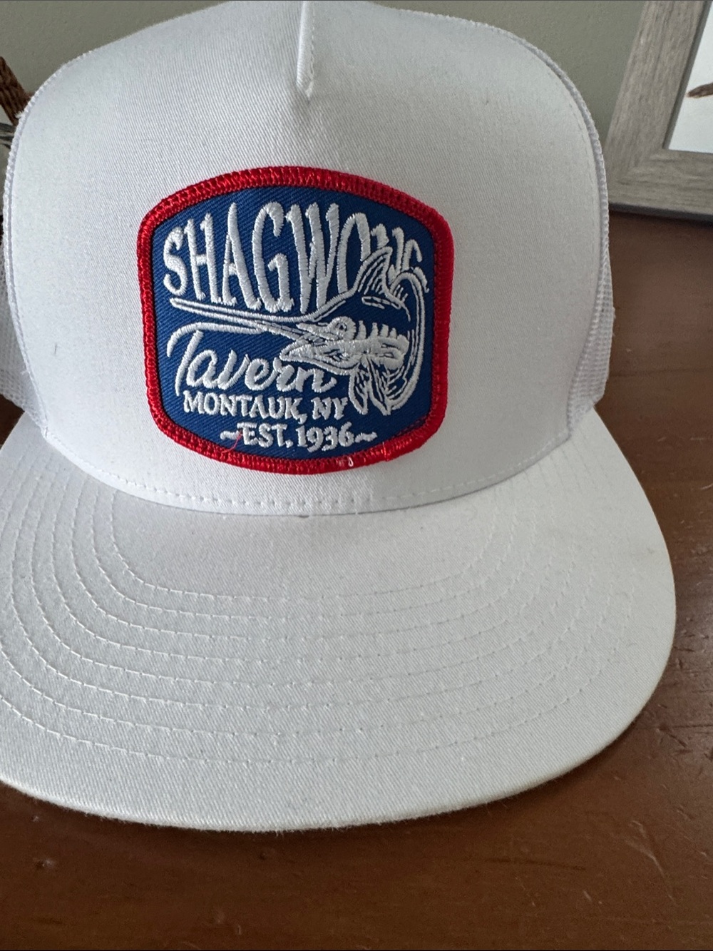 Shagwong Tavern White Trucker Hat with Blue Patch